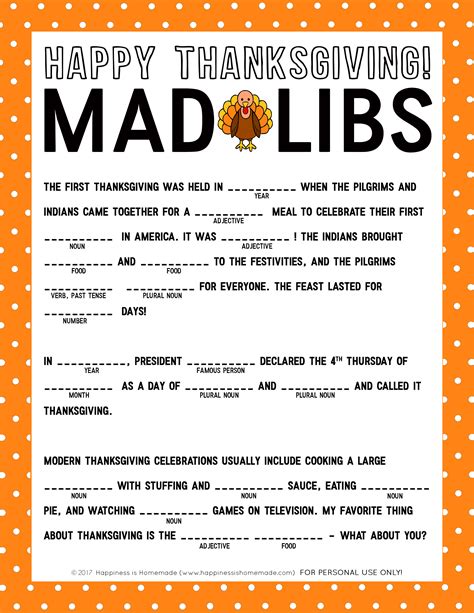 Free Thanksgiving Mad Libs Printables